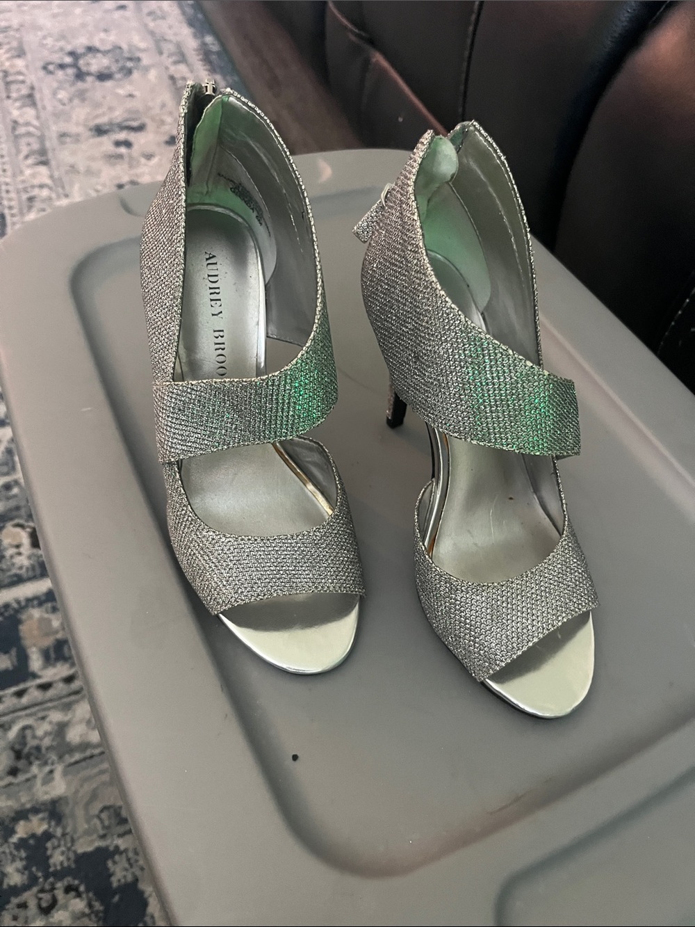 Audrey Brooke Silver Metallic Crisscross Peep-Toe Heels